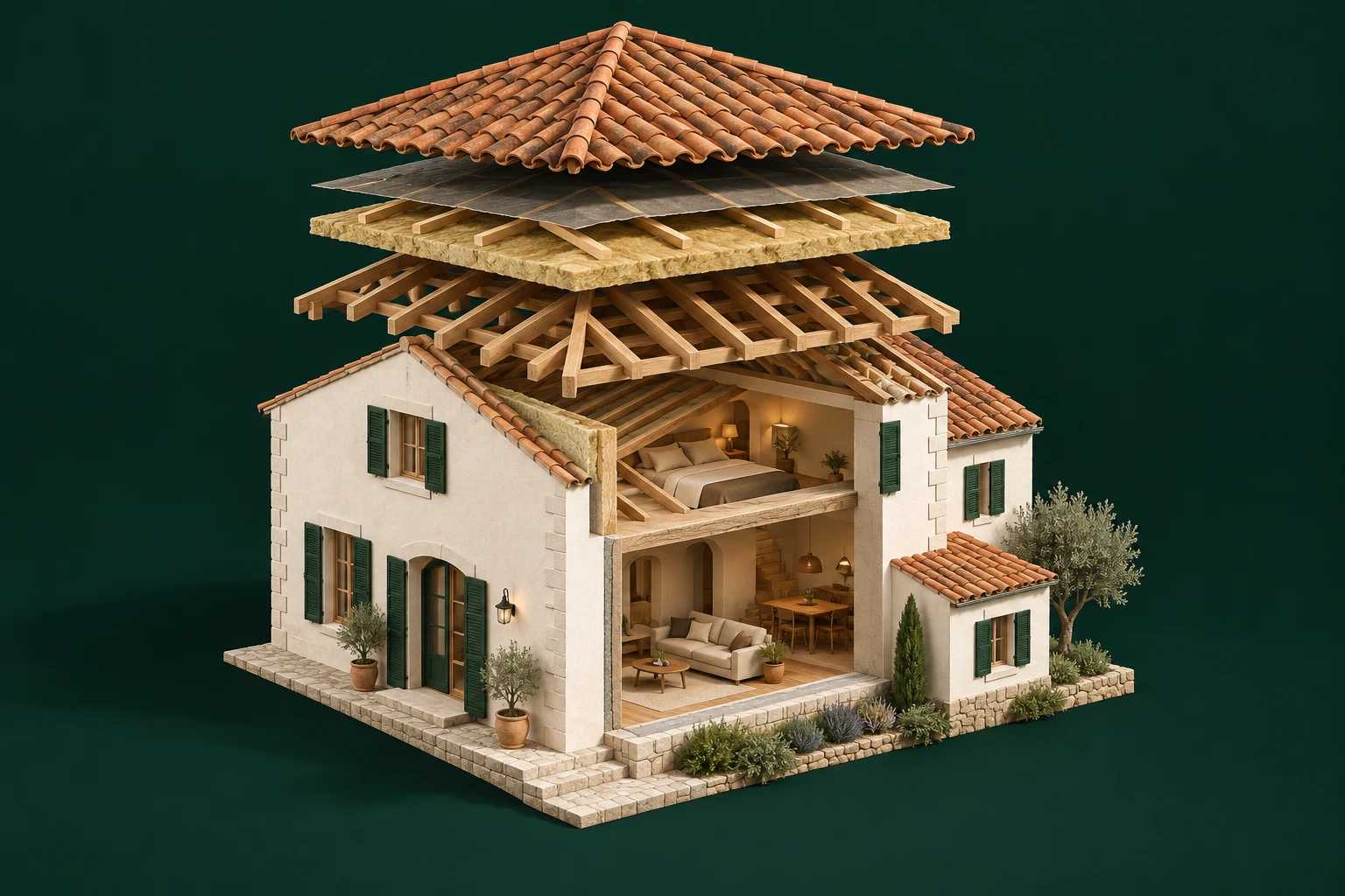 Illustration architecturale conceptuelle d’une maison provençale et des couches de sa toiture